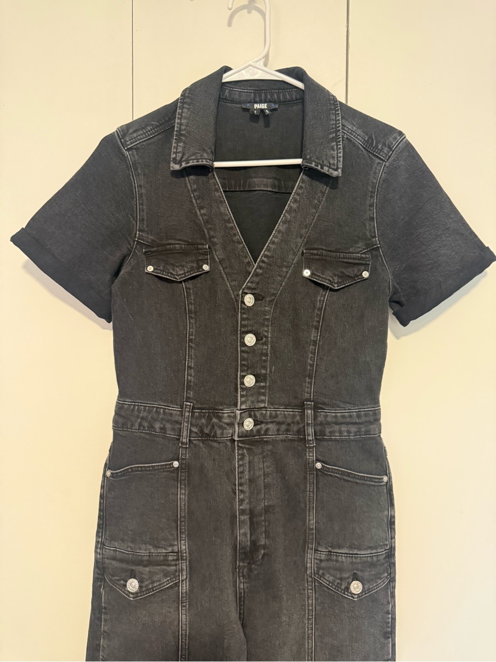 Paige Alexis Barrel Cargo Denim Jumpsuit- Black sz 6 - Picture 4 of 6
